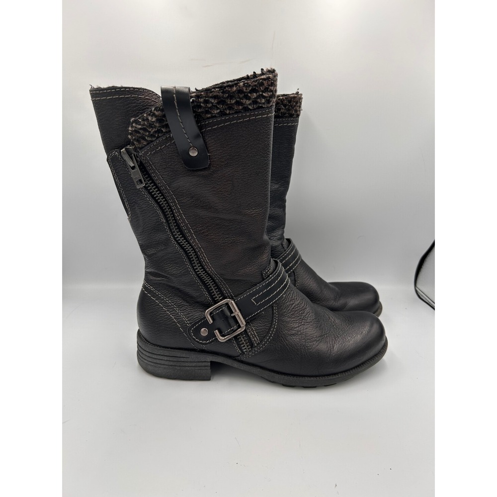 Earth Origins Presley Black Leather Mid Calf Moto Boots Knit Trim Womens 10M